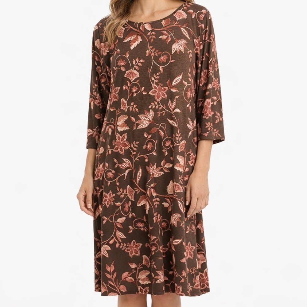 J.Jill Brown & Pink Floral Print Stretch Knit Midi Dress XL